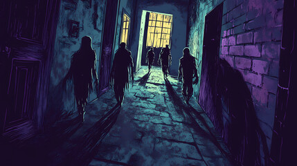 Nightmarish illustration of a dark alley with shadowy figures and eerie lights. Wraithlike. Illustration