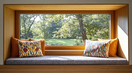 Wall Mural - Cozy window seat featuring timber paneling and vibrant cushions overlooking a serene garden view in natural light.