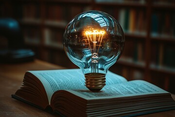 Wall Mural - Glowing light bulb atop a book symbolizes the power of knowledge and the wisdom gained through reading and learning