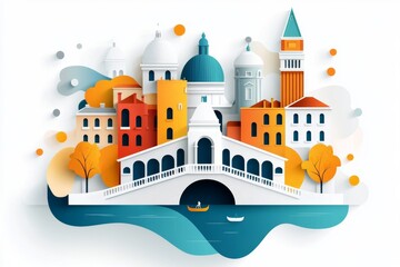 Aufkleber - A clean flat design of the Rialto Bridge, simplified with bold lines and soft colors representing Venice charm
