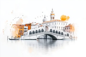 Poster - A clean flat design of the Rialto Bridge, simplified with bold lines and soft colors representing Venice charm