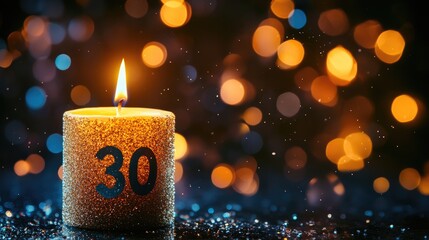 Wall Mural - 30th Birthday Candle with Glamorous Fireworks and Bokeh Light Background for Celebratory Events and Milestone Celebrations