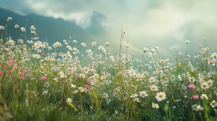 Wall Mural - alpine wildflowers blooming in a vibrant field under soft misty skies near a mountain village in the