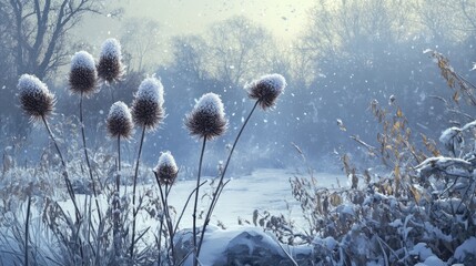 Wall Mural - Snow-covered wild teasel plants in a serene winter garden landscape with a soft focus on a frost-kissed natural setting.