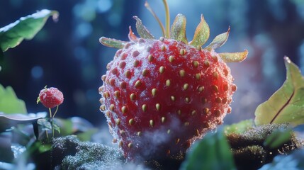 Sticker - Vibrant wild strawberry among lush foliage glistening in soft light highlighting its freshness and natural beauty in a serene woodland setting