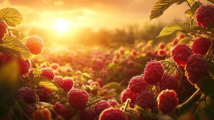 Sticker - Ripe wild raspberries illuminated by warm golden hour sunlight in a lush field setting with vibrant green leaves