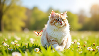 Wall Mural - Fluffy Ragdoll cat enjoying wildflower meadow, spring serenity