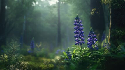 Sticker - Majestic purple Lupinus flowers thrive in a serene forest environment bathed in soft ethereal light