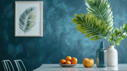 Sticker - Stylish dining room decor featuring tropical leaves elegant accessories and fresh fruits against a modern textured wall background