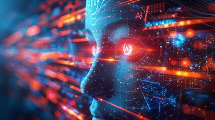 AI female face with digital data streams and glowing red eyes.