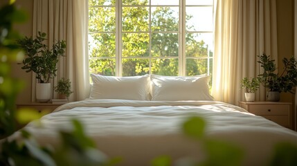 Poster - Soft sunlight pours into a peaceful bedroom through a large window, illuminating a neatly made bed flanked by lush green plants, creating a tranquil atmosphere.