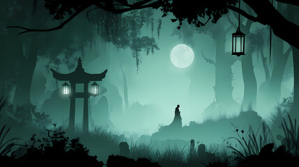 Wall Mural - A shadowy figure standing in a misty forest, lit by the faint glow of lanterns and the full moon. Wraithlike. Illustration