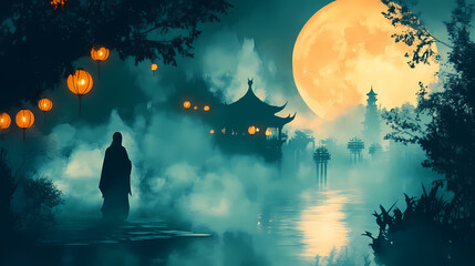 Wall Mural - A shadowy figure standing in a misty forest, lit by the faint glow of lanterns and the full moon. Wraithlike. Illustration