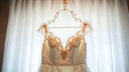 Wall Mural - A wedding dress hangs on a vintage hanger