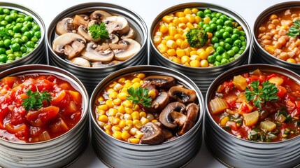 Wall Mural - Assorted canned vegetables and stews in metal cans.