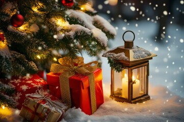 Wall Mural - snowy lantern surrounded by christmas tree decorations and gifts