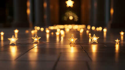 Wall Mural - Wide Christmas banner with glowing gold star lanterns illuminated on a polished floor -