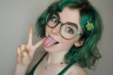 A jovial young woman adorned with a green wig and comical glasses is celebrating St Patrick's Day against a white backdrop