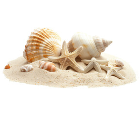 sea shells and starfish on sand on isolated transparent background PNG