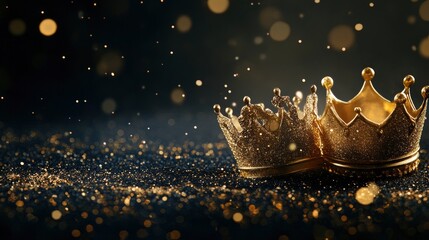 Wall Mural - Epiphany Day or Dia de Reyes Magos concept. Three gold crowns on blue  and black sparkling background.