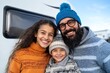 © Sergio - Family smiles together outdoors near a camper van during a sunny day in a scenic location