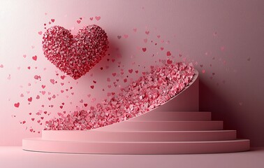 Wall Mural - Red heart-shaped balloons floating on a pink background podium for Valentine's Day