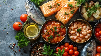 Wall Mural - Canned fish, beans, tomatoes, and fresh salmon fillets with herbs and spices.