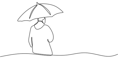 Wall Mural - Continuous one line drawing of a person under an umbrella in the rain, representing emotional strength and shelter.