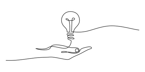 Wall Mural - continuous one line drawing of a hand holding a light bulb, representing inspiration and intellectua