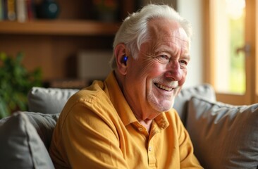 elderly man smiling warmly while wearing hearing aid, sitting comfortably indoors with bookshelf in background. concept of hearing support and healthy aging. world hearing day awareness. healthcare