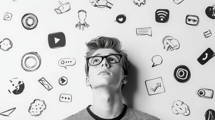 Illustration in Monochrome with Interactive Social Media and Communication Icons