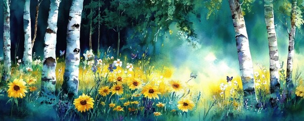 The illustration captures the tranquil beauty of nature with birches and vibrant wildflowers.