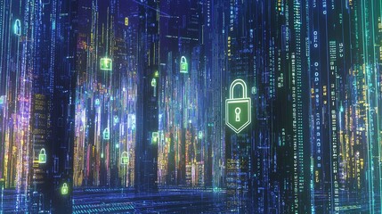 Wall Mural - visual abstraction in cybersecurity: digital shields and encrypted data streams rendered in dark ton