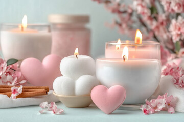 Poster - Valentine's Day, A close-up image of glowing heart-shaped candles, creating a warm and romantic ambiance, perfect for celebrations or cozy settings.