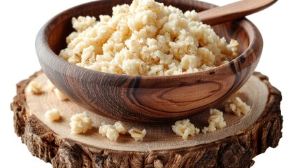 Wall Mural - Creamy oatmeal porridge in a wooden bowl on a tree stump.