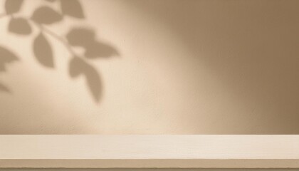 Wall Mural - Beige Minimalist Background with Leaf Shadow and Tabletop Display