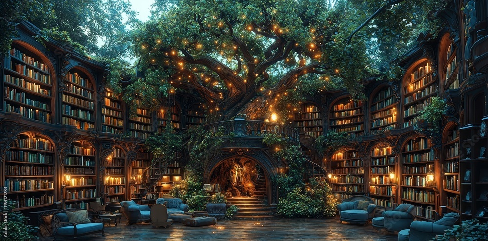 Immersing in a virtual library with an enchanted forest vibe, adorned ...