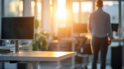Poster - Office workers standing at adjustable desks to reduce back strain.