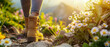© JEMEE - Close up of feet of female hiker in hiking boots on mountain