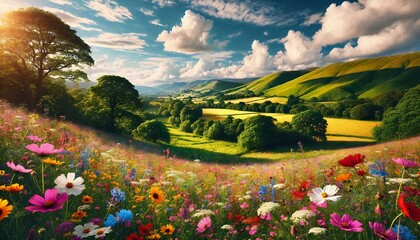 Wall Mural - a vibrant field of wildflowers in full bloom, with rolling green hills in the distance and a clear b