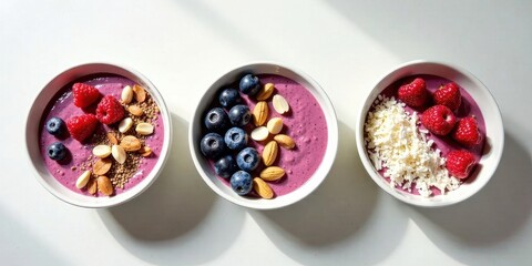 Sticker - Three Bowls of Berry Bliss A Delightful Trio of Smoothies Topped with Raspberries, Blueberries, Almonds, and Granola