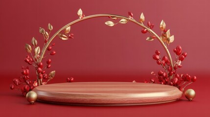 A red podium with gold decoration, festive Chinese New Year atmosphere, solid color background