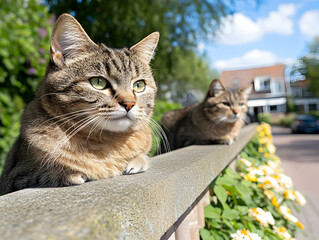 Two tabby cats relaxing on a low wall in a sunny, residential neighborhood.