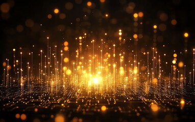 Aufkleber - Abstract background with glowing yellow lights interwoven with circuit lines and connections, portraying the growth of technological advancements