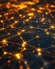 Poster - Abstract design of glowing yellow lights within a complex network of lines and connections on a circuit board, illustrating the advancement of technology
