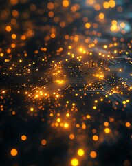 Fototapete - Abstract design of glowing yellow lights within a complex network of lines and connections on a circuit board, illustrating the advancement of technology