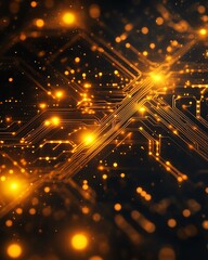 Poster - Abstract design of glowing yellow lights within a complex network of lines and connections on a circuit board, illustrating the advancement of technology