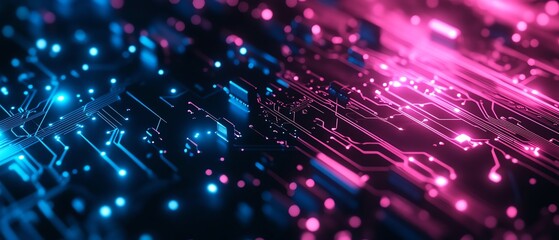 Poster - Closeup of a glowing pink and blue chip circuit board, representing the technological advancements revolutionizing AI applications in various industries