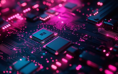 Poster - Closeup of a modern circuit board with luminous pink and blue chips, symbolizing the technological innovations behind AI s growing impact on industries