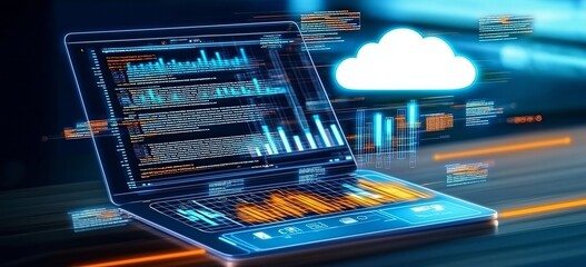 Futuristic laptop displaying code and cloud computing symbol in modern office setting